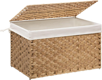 Wicker Storage Basket with Lid, 27.7 Gallon (105L) Large Blanket Basket with Lid, Woven Storage Bin