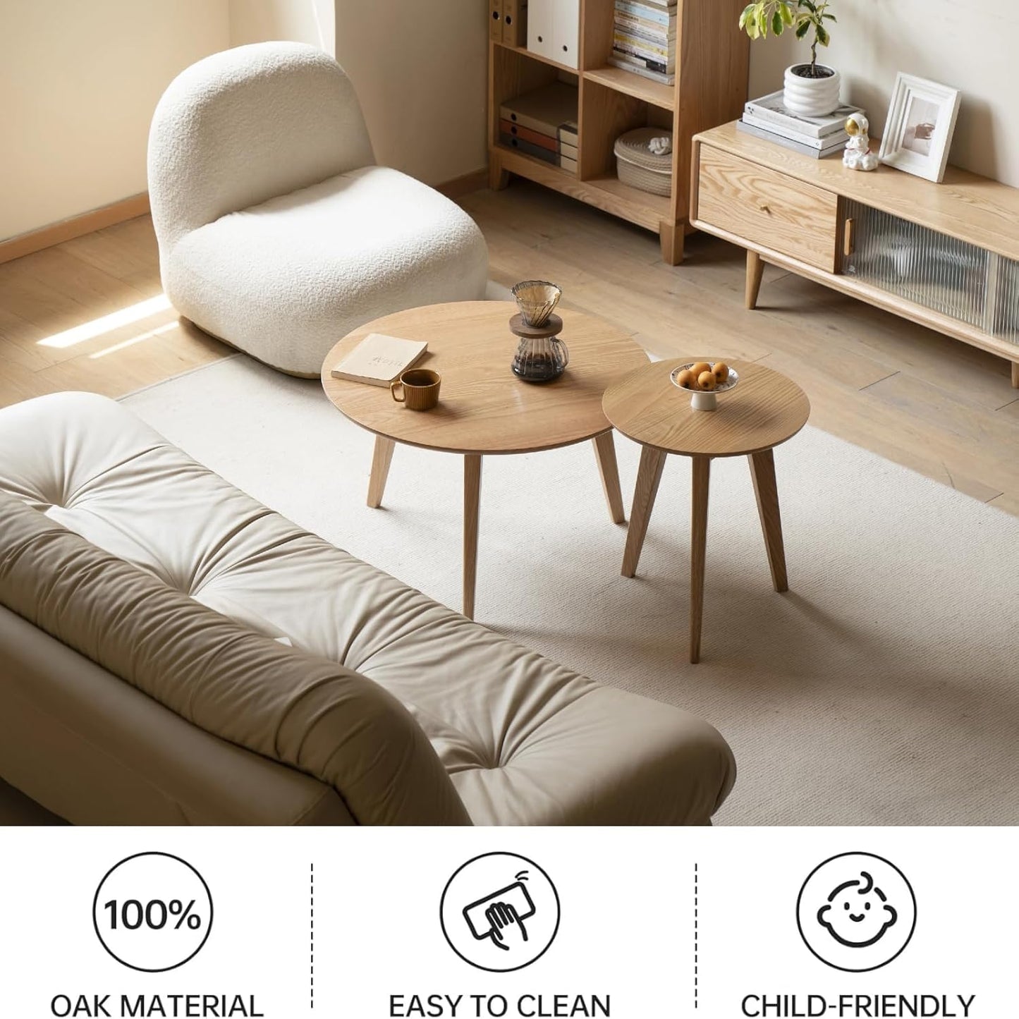 100% Solid Oak Wood Mini Coffee Table, Round Living Room Table Side Table w/Solid Wood Legs, Walnut