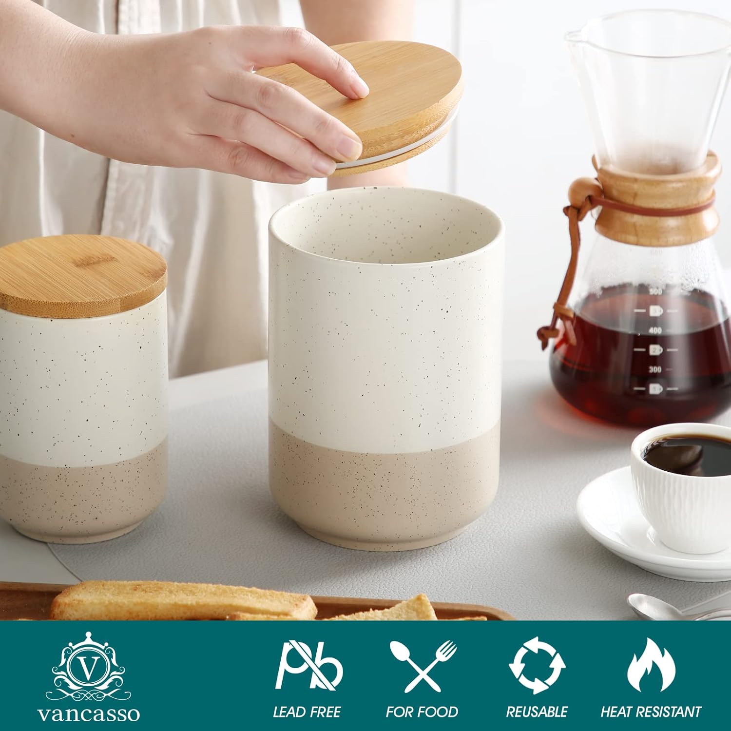 vancasso Sabine Large Ceramic Canister with Airtight Wood Lid - 74 oz Kitchen Food Storage Jar for