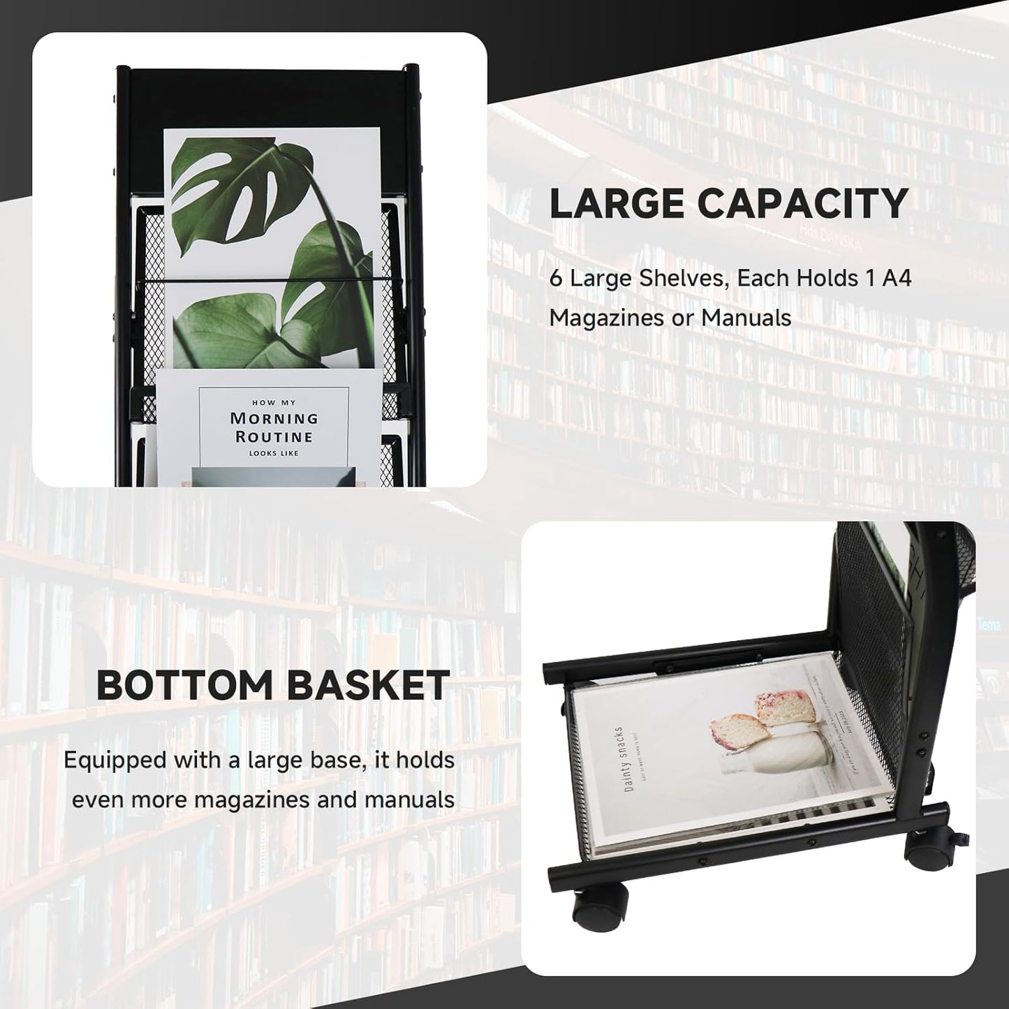 Floor-Standing Magazine Rack 6-Layer with Wheels, Brochure Display Stand for Exhibitions, Office