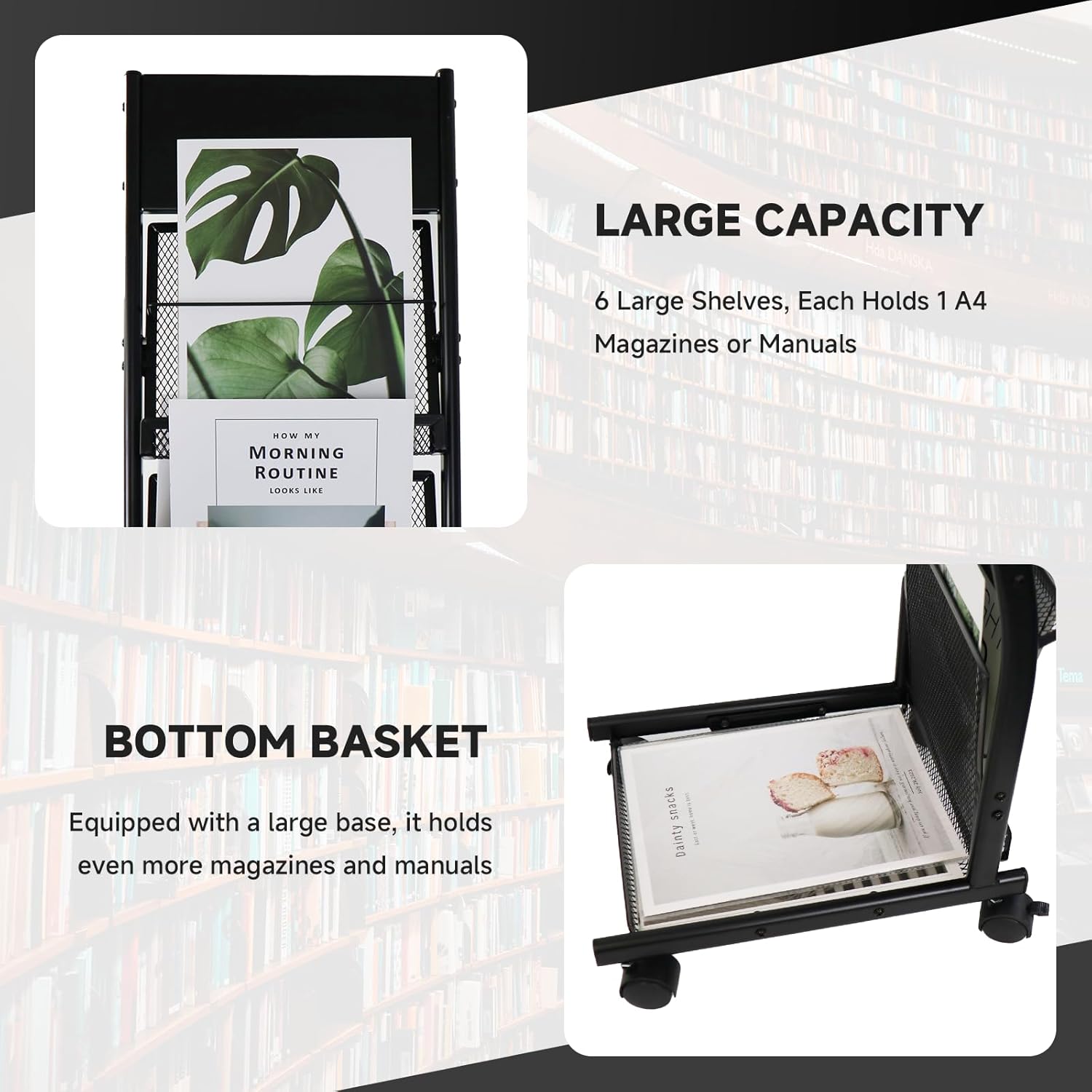 Floor-Standing Magazine Rack 6-Layer with Wheels, Brochure Display Stand for Exhibitions, Office