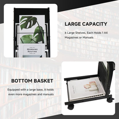 Floor-Standing Magazine Rack 6-Layer with Wheels, Brochure Display Stand for Exhibitions, Office