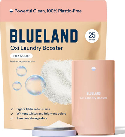BLUELAND Oxi Laundry Booster Powder with Tin, Starter Set, Fragrance Free & Clear, 25 Loads, 17.6