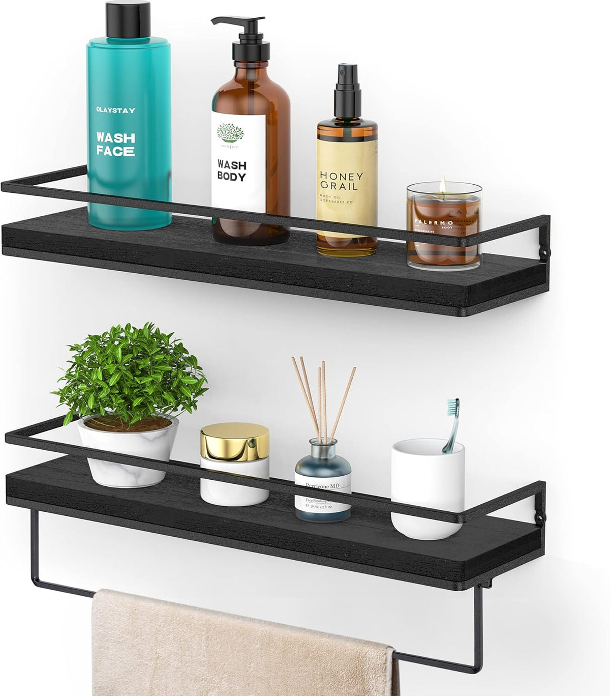 Meangood Floating Shelves Wall Mounted Set of 2, Wall Shelf with Towel Bar Rustic Wood Wall Storage
