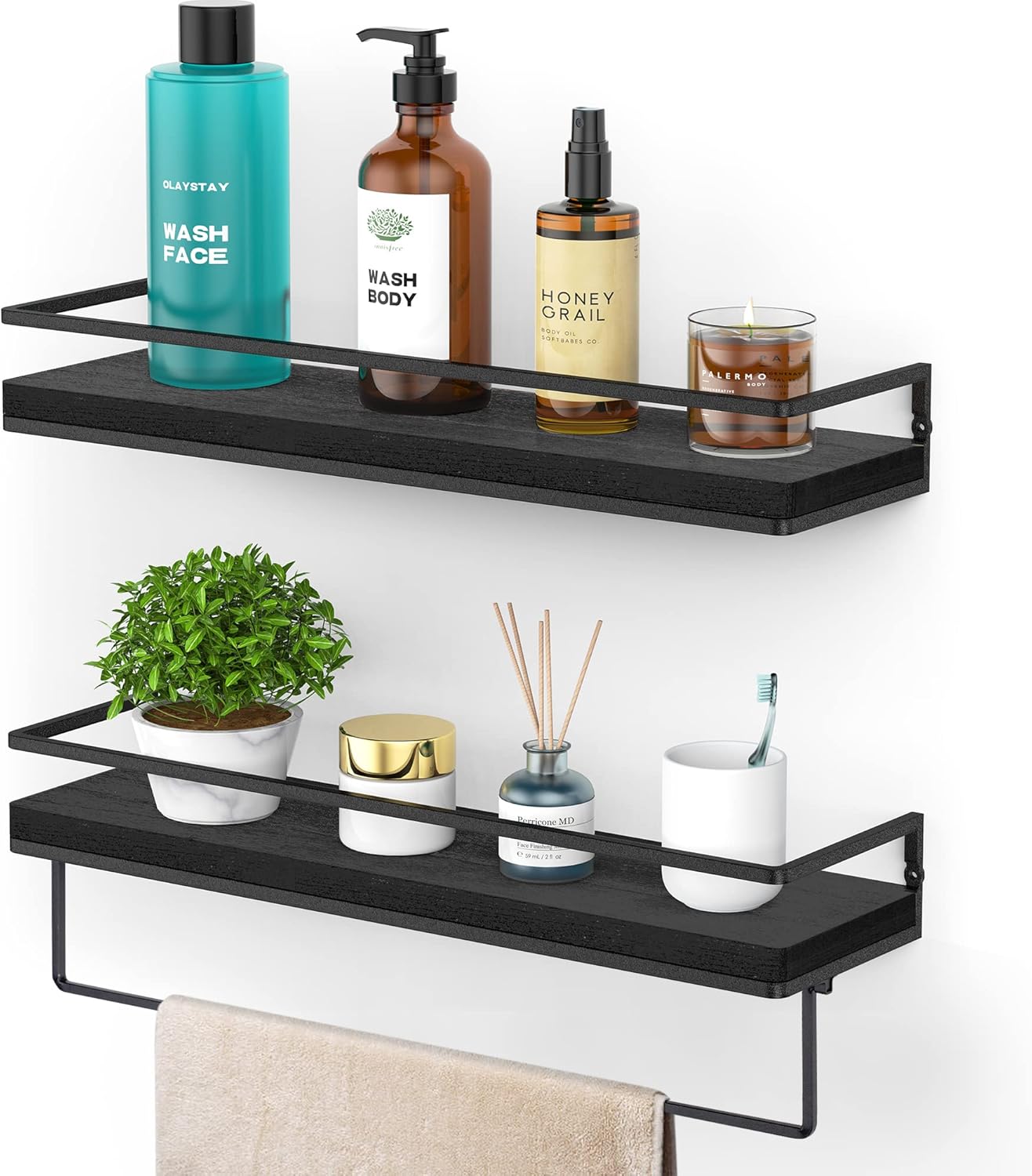 Meangood Floating Shelves Wall Mounted Set of 2, Wall Shelf with Towel Bar Rustic Wood Wall Storage
