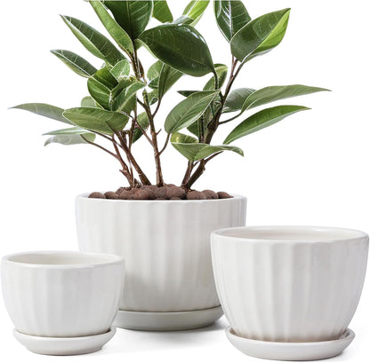 Ceramic Plant Pots with Drainage Holes and Saucers, Round White Flower Pots for Indoor Plant