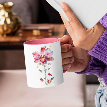 Novelty Coffee Cup With Orchid Design, Personalized Name Flower Accent Mug, Custom Orchid Flower