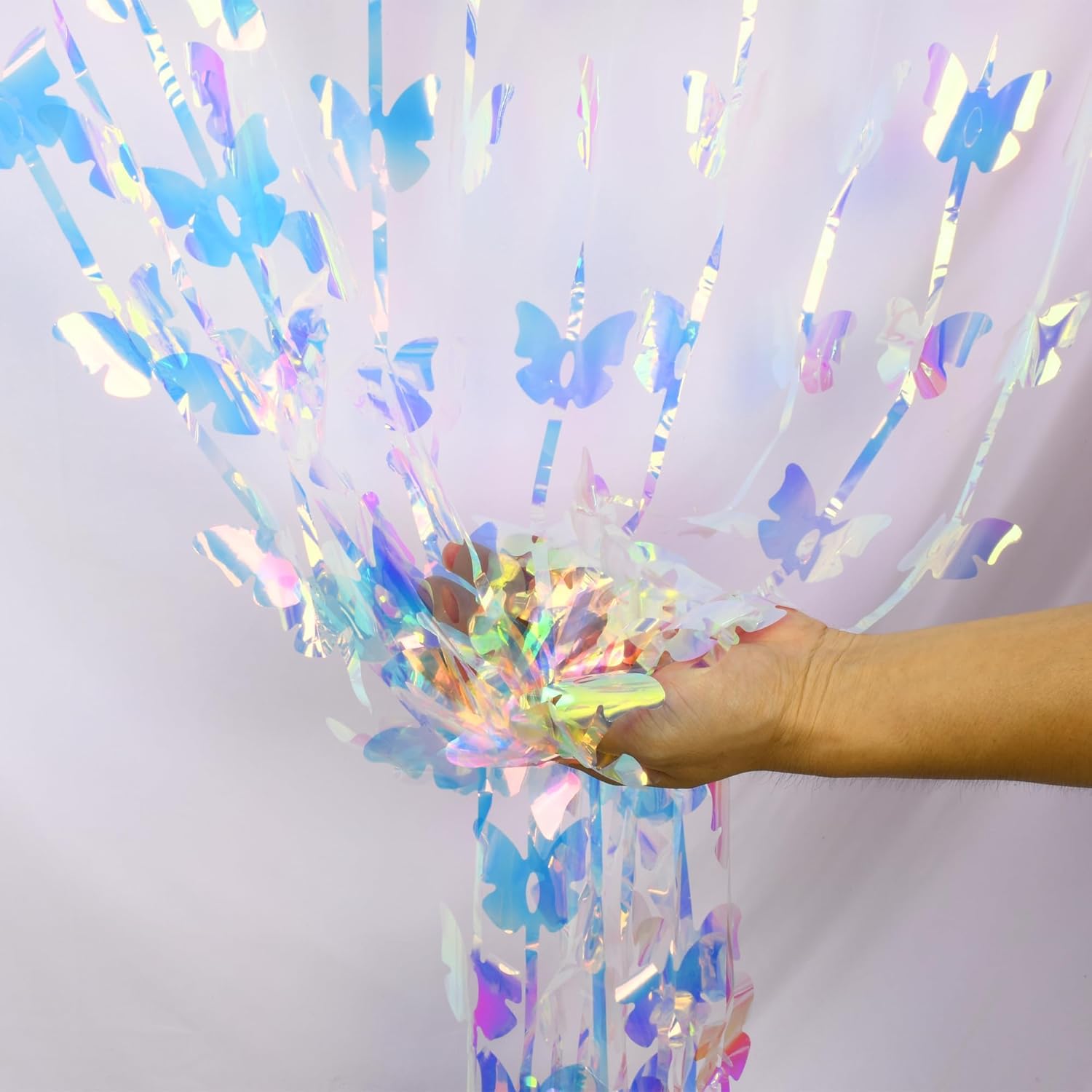 BRAVESHINE Iridescent Hanging Butterfly Foil Fringe Curtain - 2 Pack 3.2x6.6ft Holographic Party