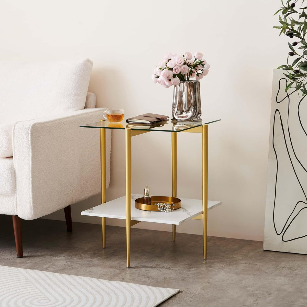 Square Glass End Table, Mid-Century Modern Design Sofa Table, for Living Room, L18 x W18 x H23