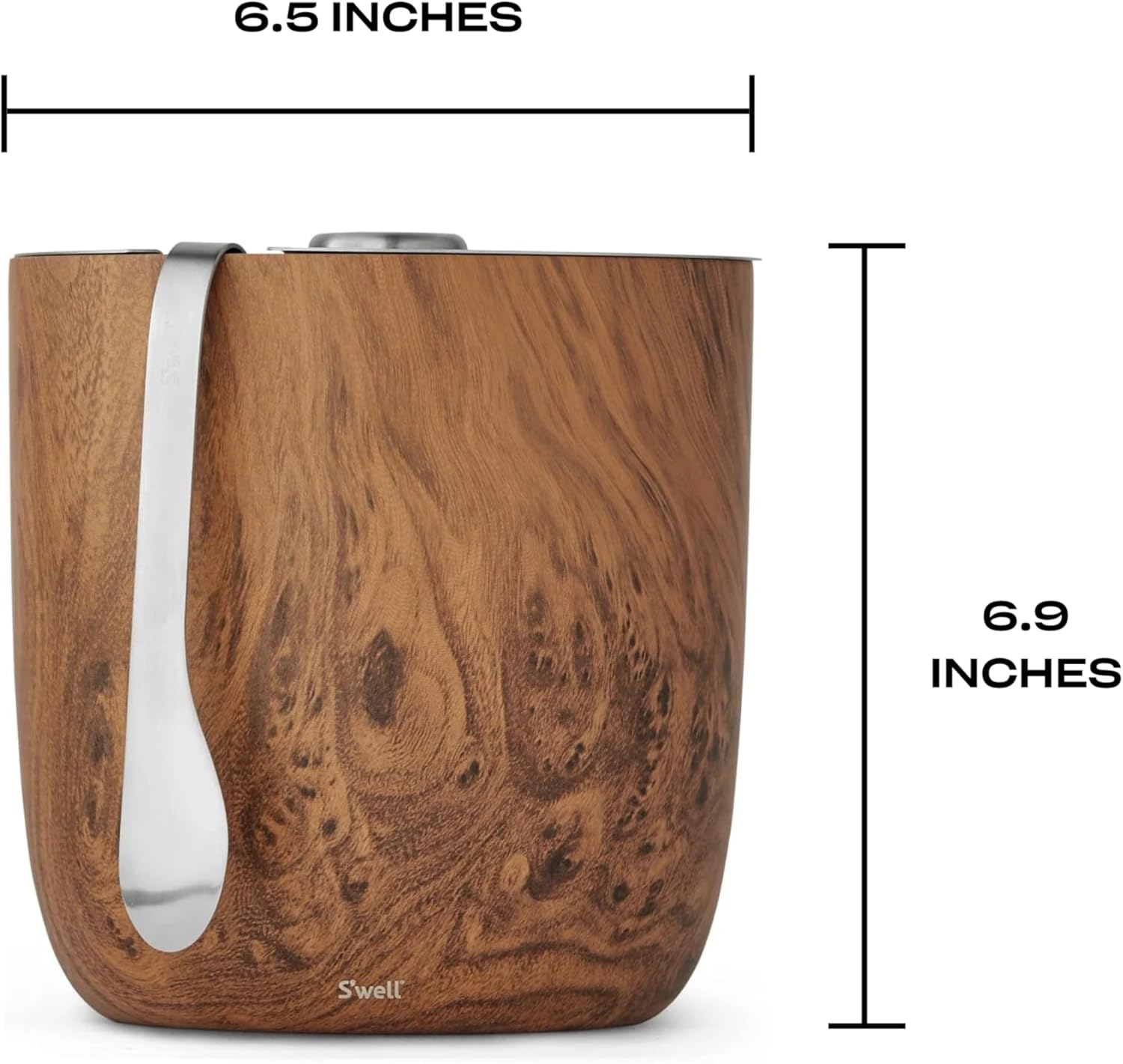 S’well Stainless Steel Ice Bucket with Tongs, 68oz Capacity, Teakwood Finish, Triple-Layer Vacuum