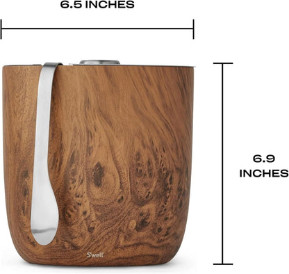 S’well Stainless Steel Ice Bucket with Tongs, 68oz Capacity, Teakwood Finish, Triple-Layer Vacuum