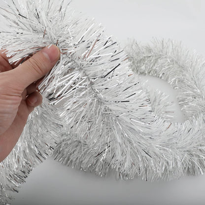 25 ft Long Roll Silver & White Tinsel Twist Garland, Shiny Metallic Foil Decorations for Halloween