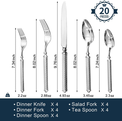 KINGSTONE Retro Rope-Pattern Silverware Set, 20-Piece Flatware Set Cutlery Set Forged with