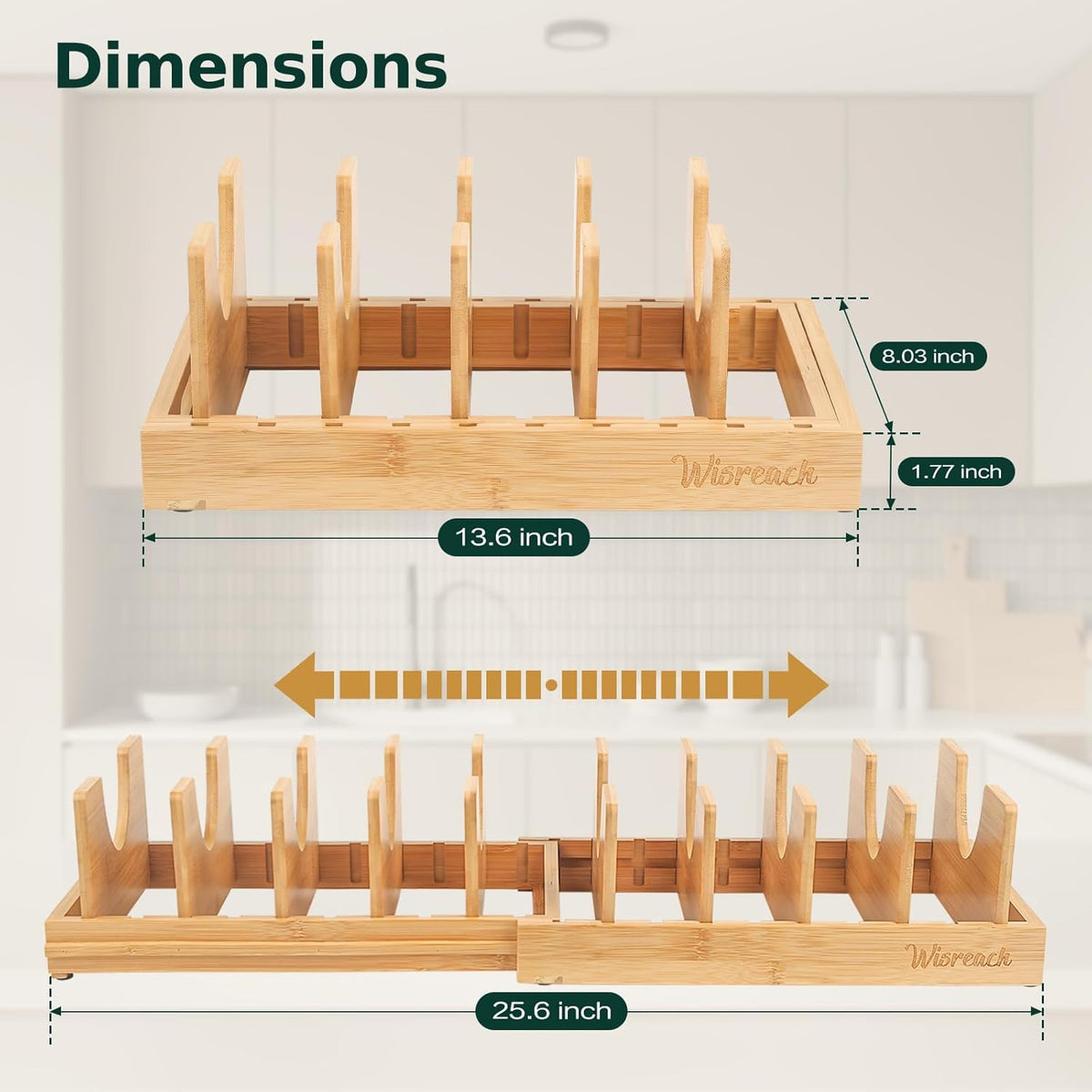 Bamboo Pot Lid Organizer, Adjustable Kitchen Organizer for Cabinet, Expandable Pot and Pan Storage