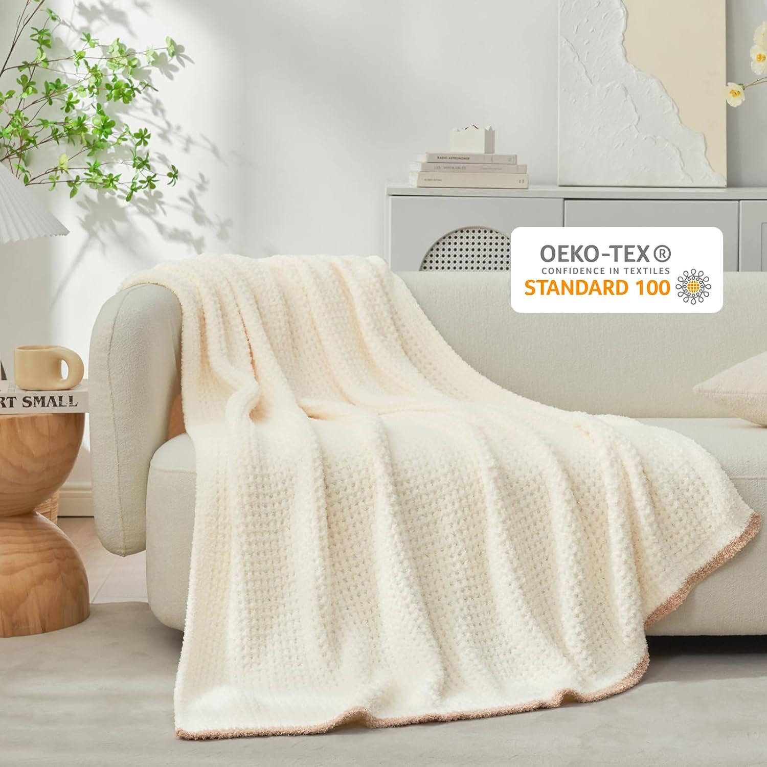 Snuggle Sac Cream Waffle Throw Blanket for Couch Bed Sofa 60x80 inches, Reversible Cream Blanket