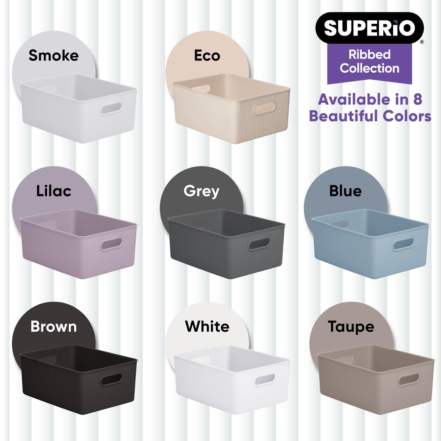 Superio Ribbed Collection - Decorative Plastic Basket Open Home Storage Bins Organizer, Large Brown