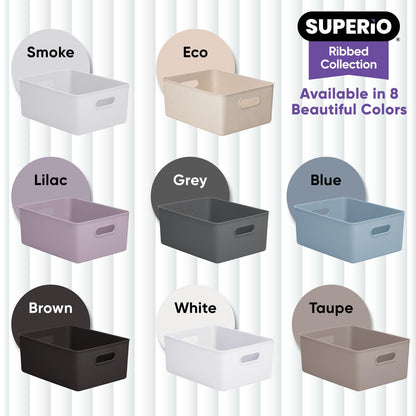 Superio Ribbed Collection - Decorative Plastic Basket Open Home Storage Bins Organizer, Large Brown