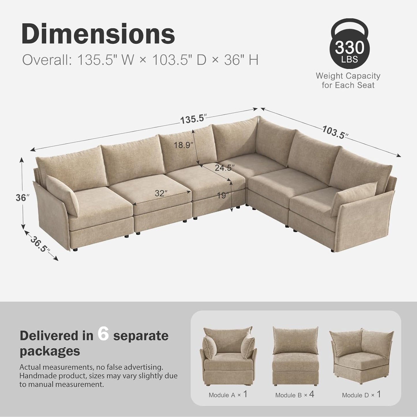 135.5" Oversized Modular Sectional Sofa, L Shaped Convertible Couch with Movable Ottoman, Large 6