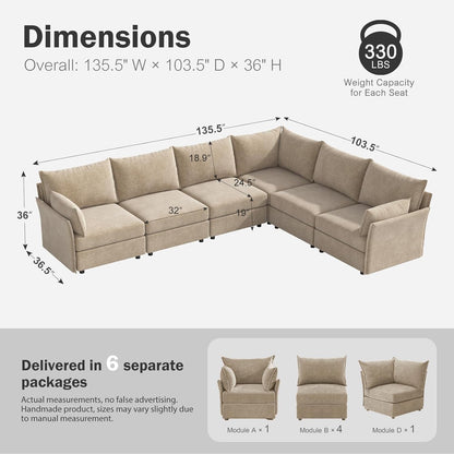 135.5" Oversized Modular Sectional Sofa, L Shaped Convertible Couch with Movable Ottoman, Large 6