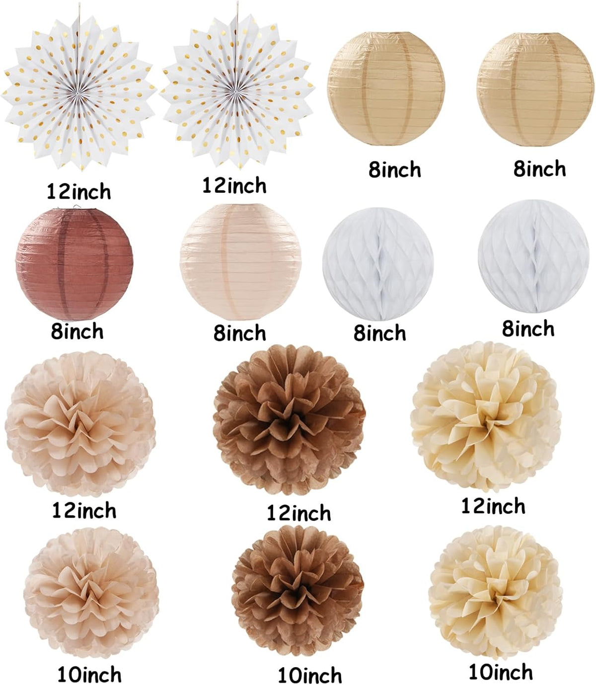 Boho Baby-Shower Party-Decorations Streamers-Lanterns - 14pcs White Brown Champagne Neutral