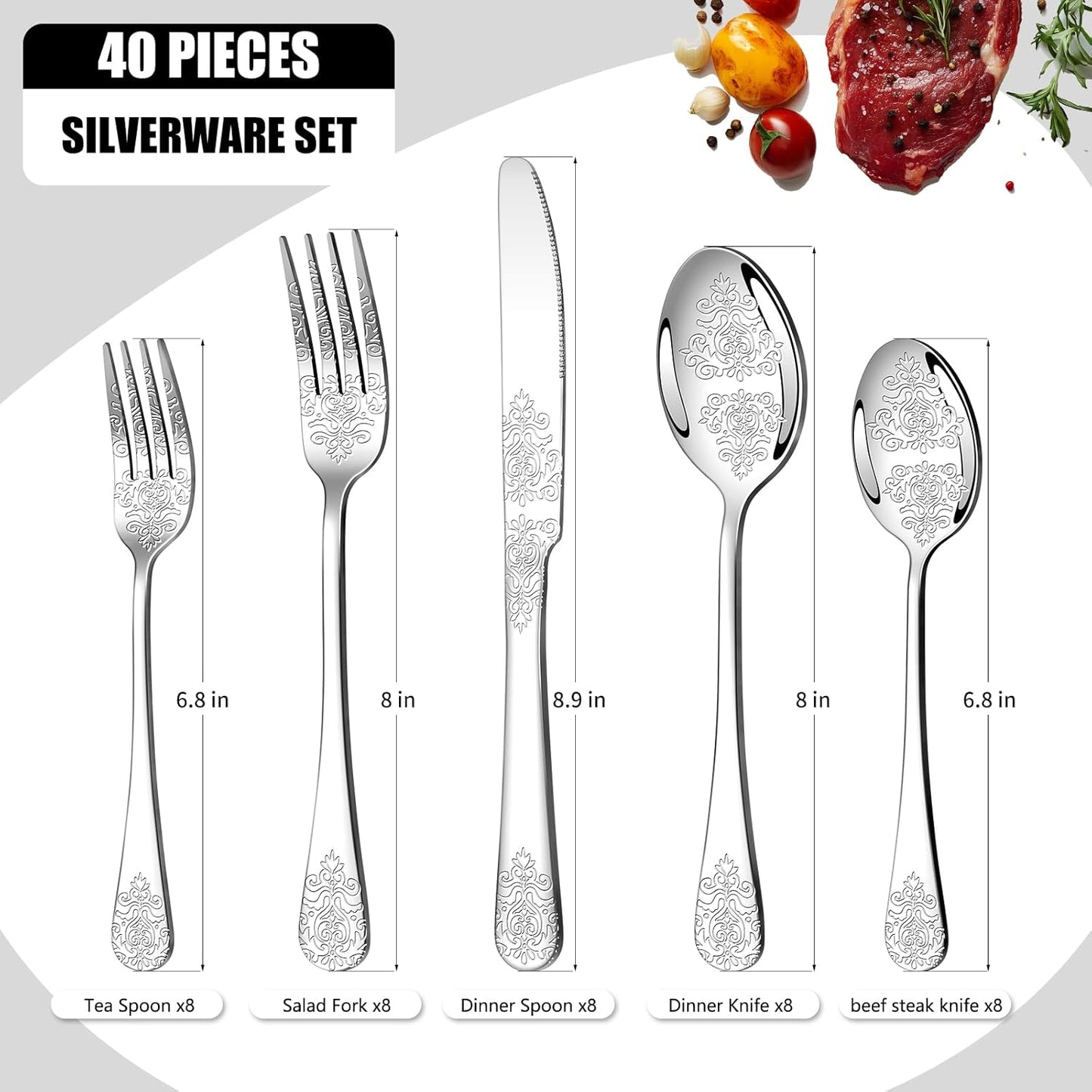 40 Pcs Silverware Set for 8 with Classical Flower Embossed Design, Food Grade Stainless Steel