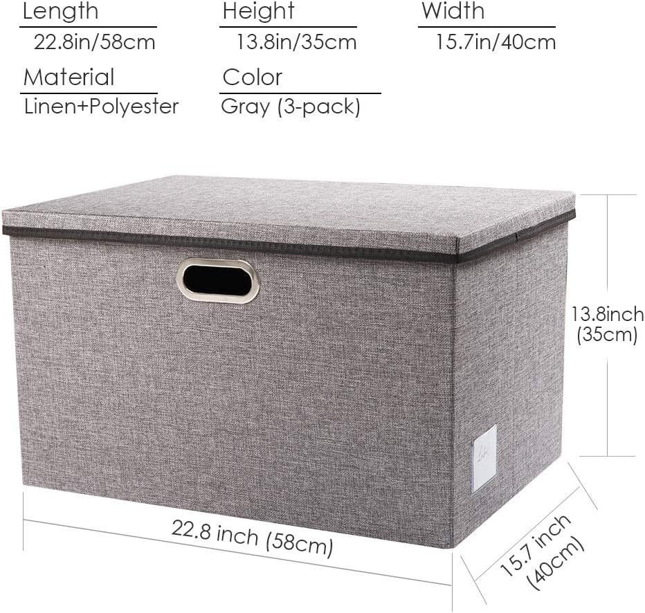 PRANDOM Extra Large Collapsible Storage Bins with Lids [3-Pack] Linen Fabric Foldable Storage