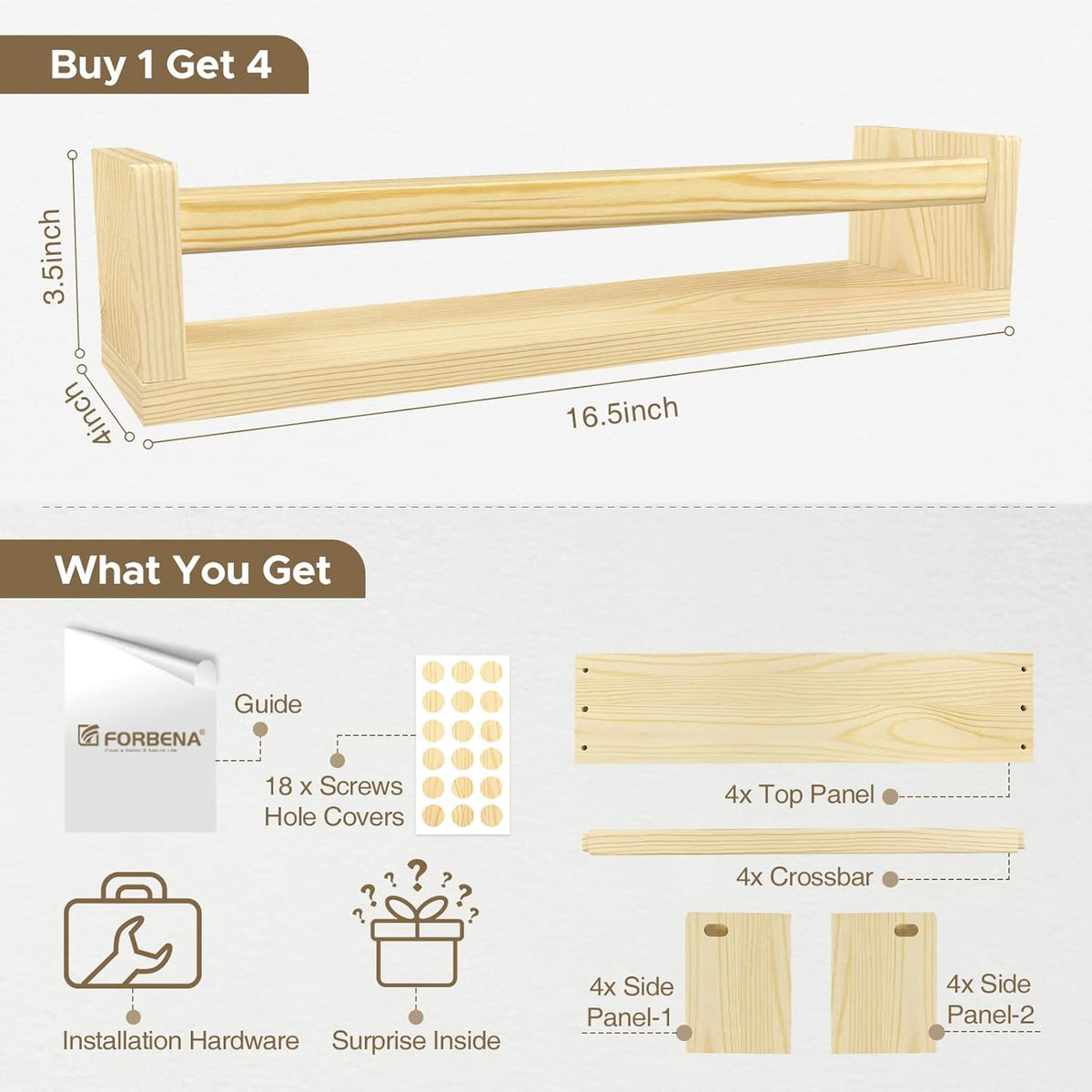 Forbena Natural Wood Nursery Book Shelves Wall Mounted, Floating Bookshelf for Kids Room, Toys and