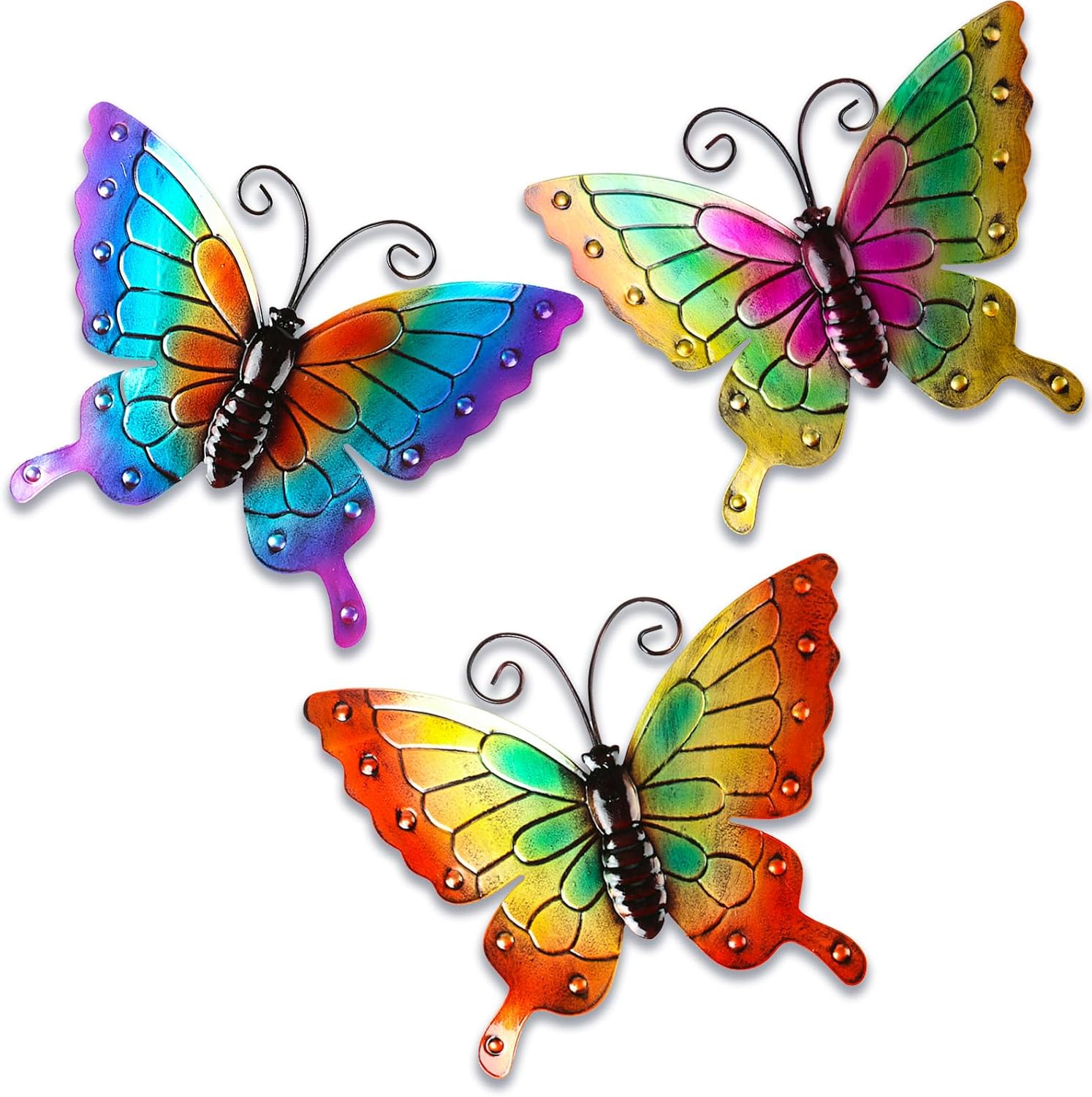 MACLARONX 3Pcs Metal Butterfly Wall Decor,11" Large Outdoor Fence Yard Art Butterflies 3D Garden