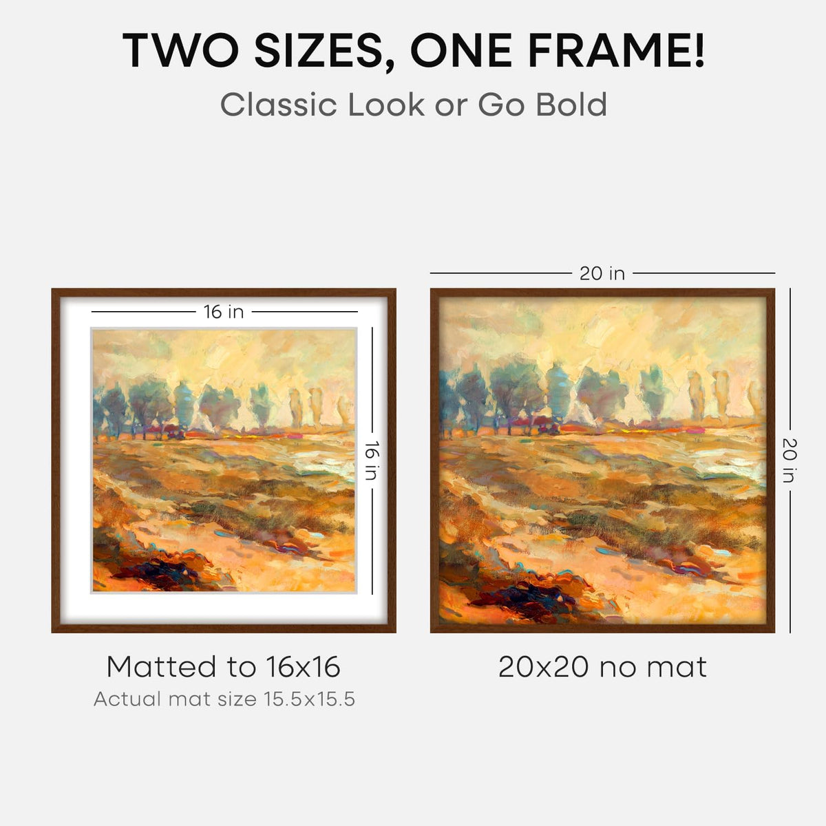 Homeforia 20x20 Brown Picture Frame, High End Dark Oak 20 x 20 Square Wood Frame with Mat 16 x 16
