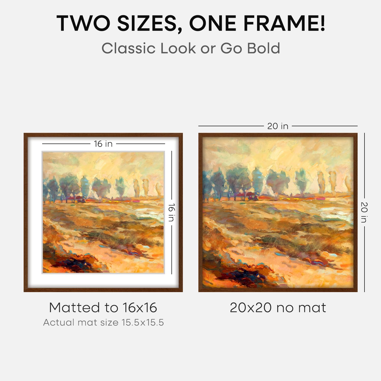 Homeforia 20x20 Brown Picture Frame, High End Dark Oak 20 x 20 Square Wood Frame with Mat 16 x 16