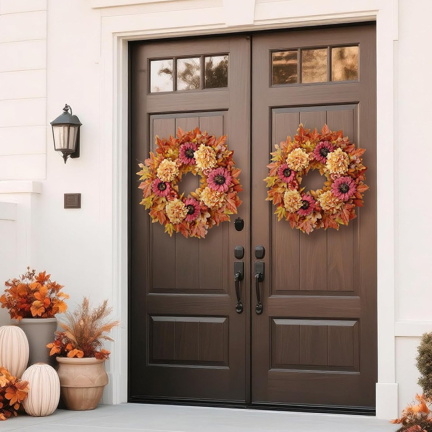 28'' Large Fall Wreath for Front Door, Porch, Window- Artificial Maple Leaves Faux Sunflower