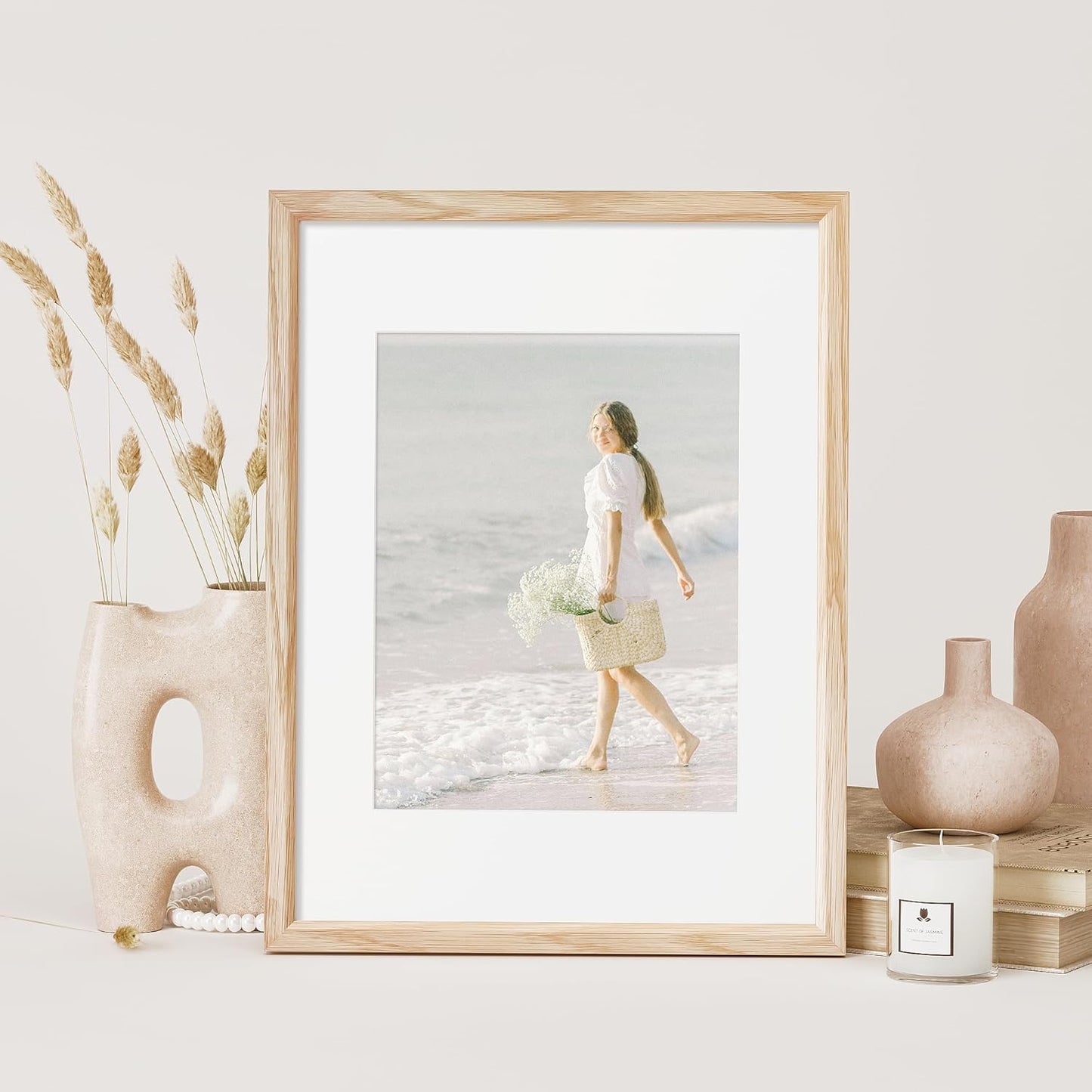12x16 Picture Frame Natural Solid Oak Photo Frames with 8.5x11 Removable Mat Wall Hanging Large