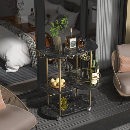 Black Bar Carts with 4-Tier Storage Shelves, Mobile Bar Serving Cart with Wine Rack and Glass