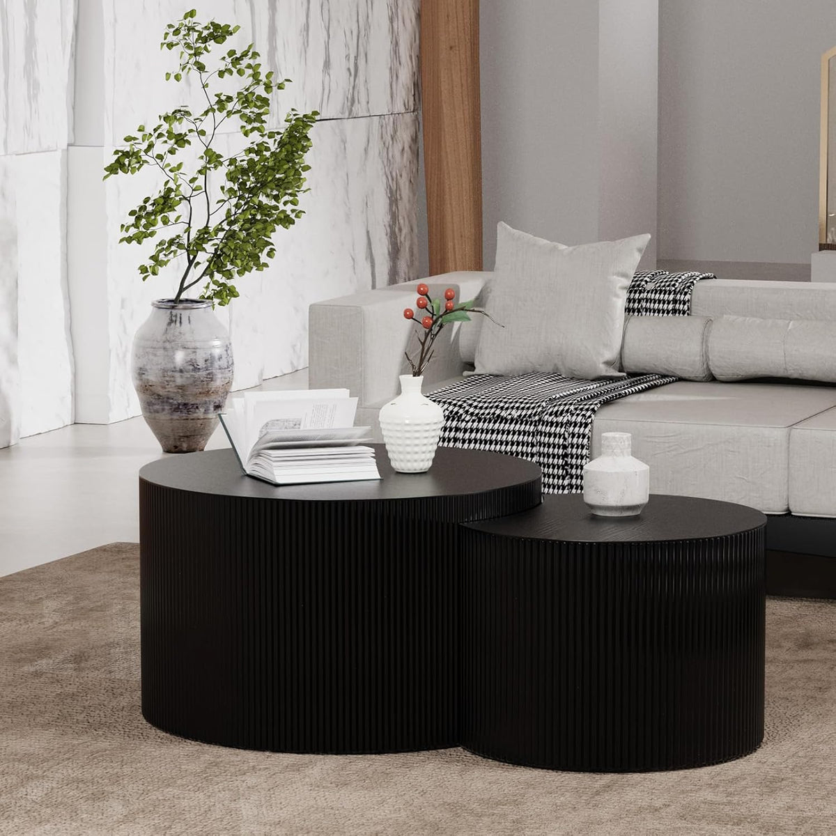 Round Coffee Table Set of 2, Nesting Coffee Table and End Table Set Small Circle Drum Side Table