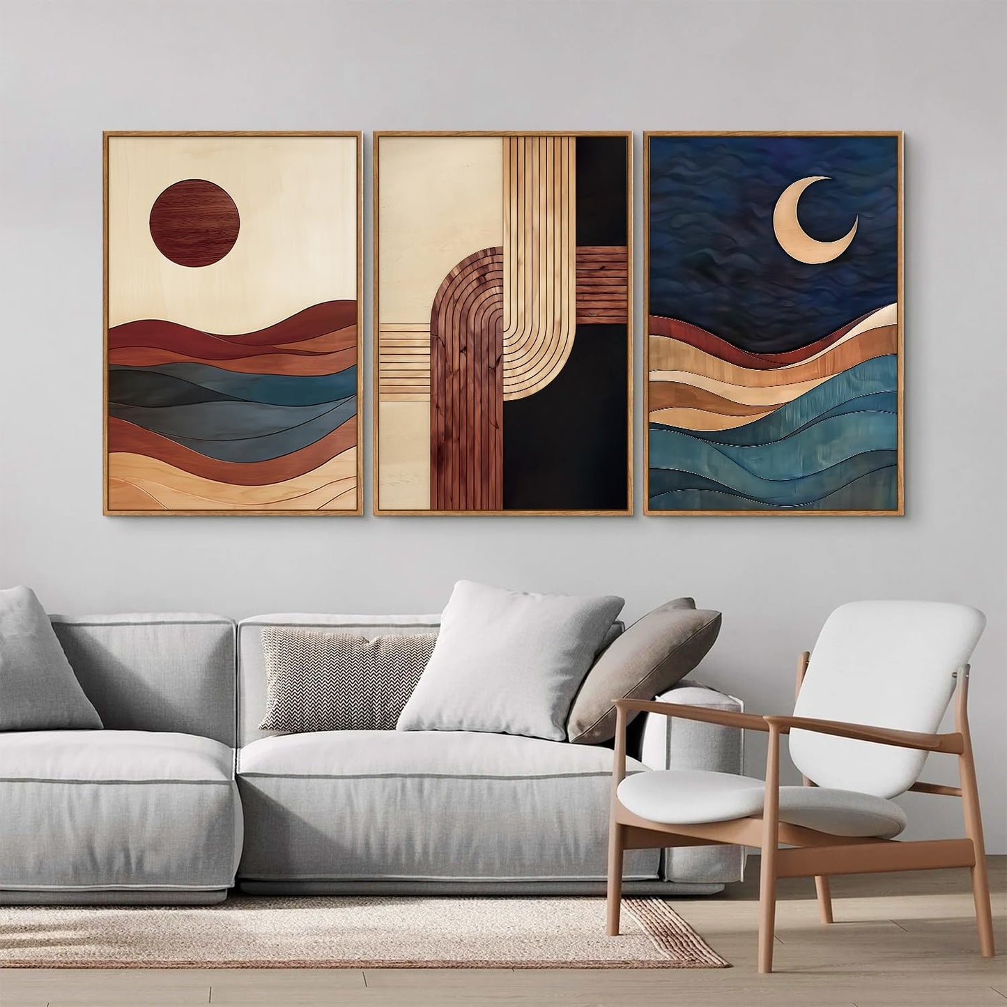 SIGNINART Boho Mid Century Modern Framed Canvas Wall Art, Bohemian Geometric Wall Decor, Abstract