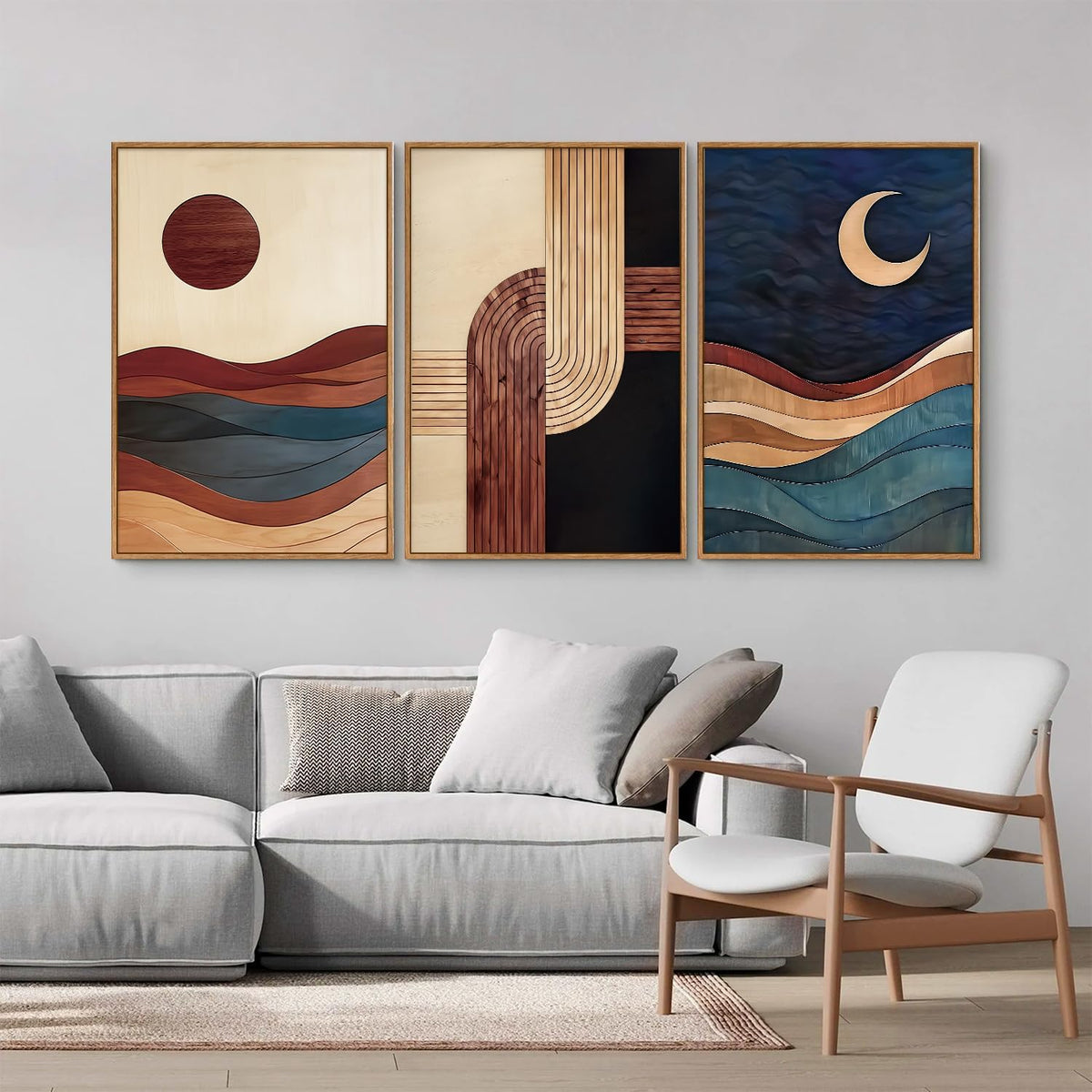 SIGNINART Boho Mid Century Modern Framed Canvas Wall Art, Bohemian Geometric Wall Decor, Abstract