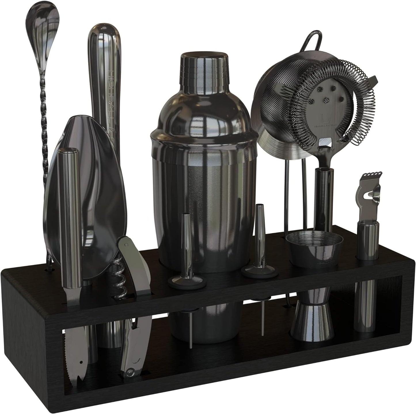 Highball & Chaser 13-Piece Cobbler Cocktail Shaker Set: Black Polished Stainless Steel Bartender