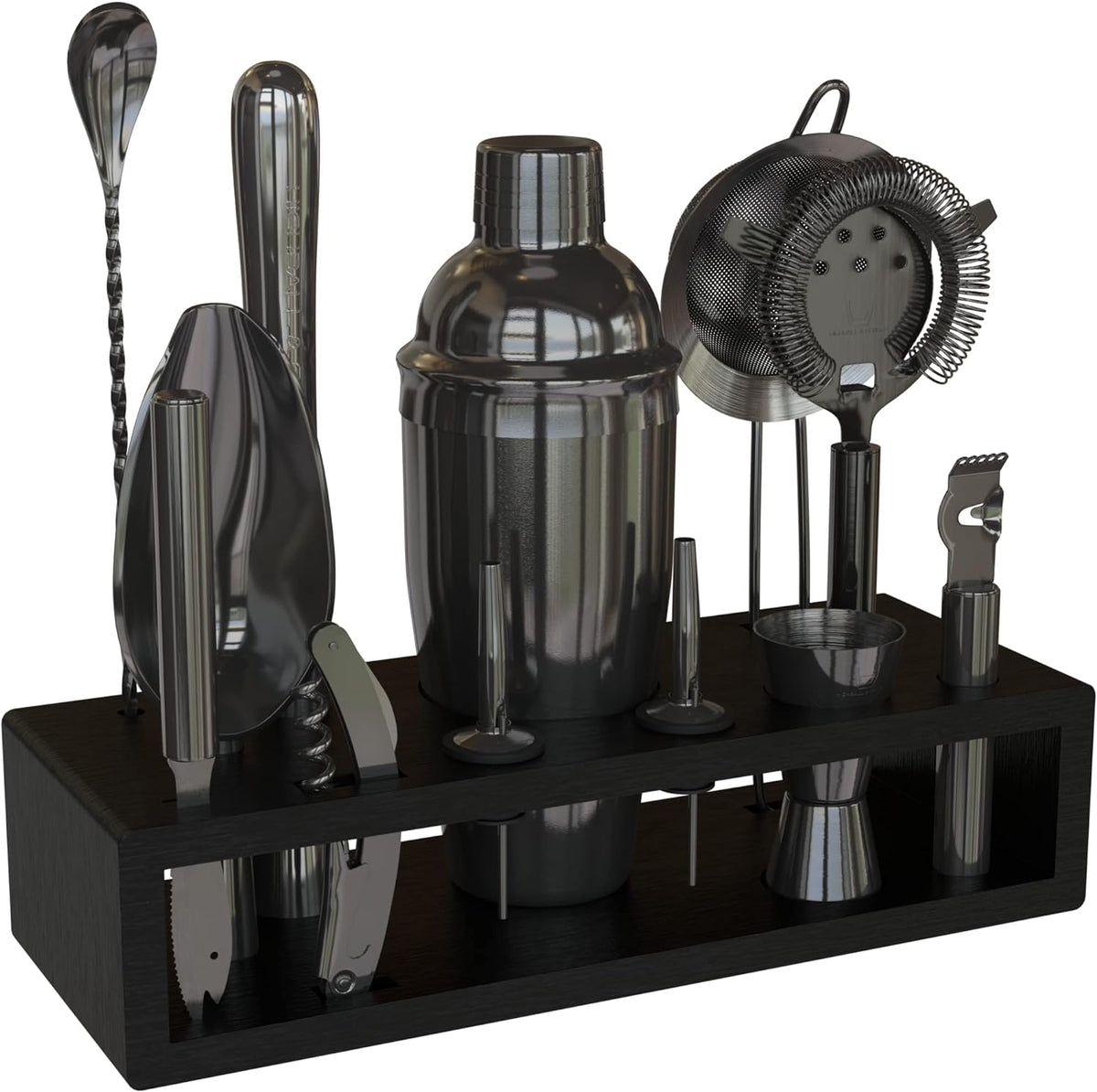 Highball & Chaser 13-Piece Cobbler Cocktail Shaker Set: Black Polished Stainless Steel Bartender