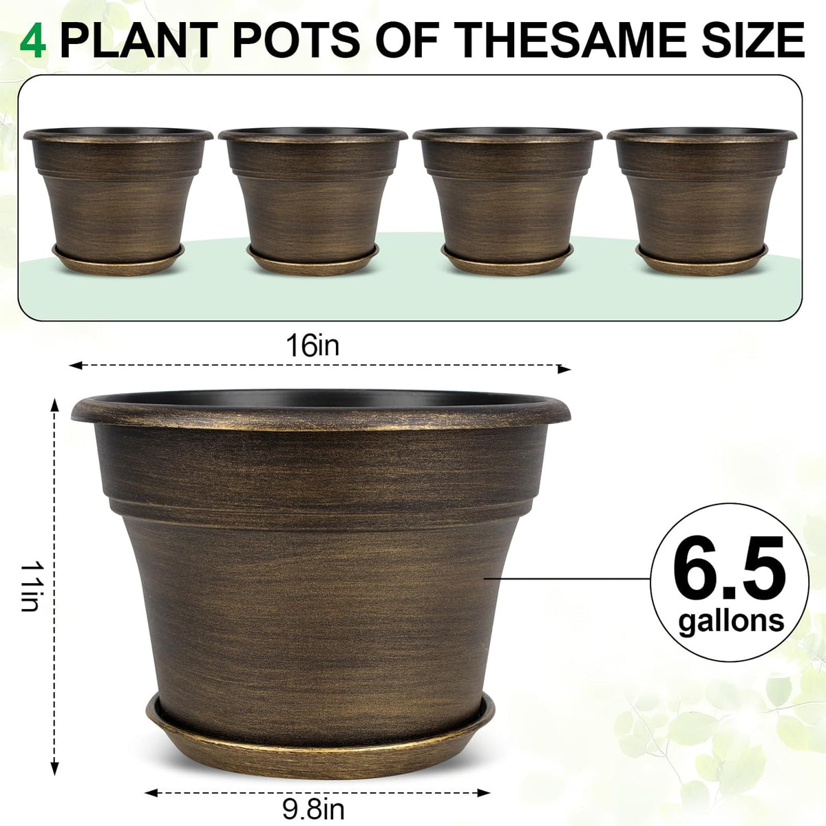 16 inch Plant Pots Outdoor Planters，4 Pack Large Plastic Flower Pot for Indoor Plants with Drainage