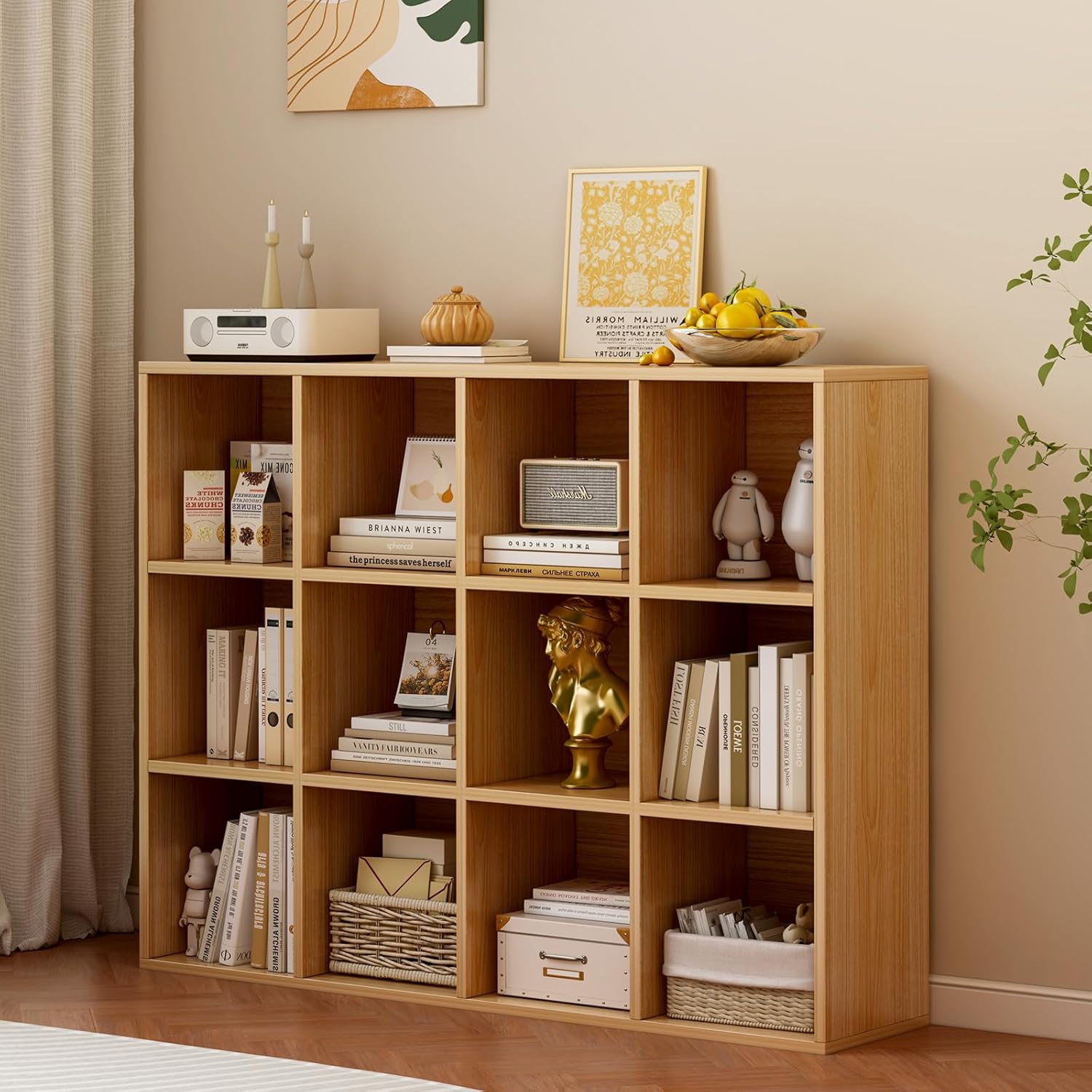 12-Cube Storage Shelf Bookcase - Wooden 3-Tier Floor Standing Open Bookshelf for Home and Office