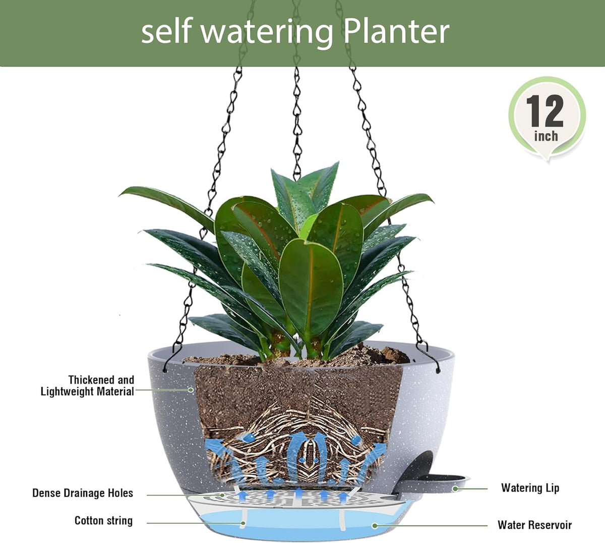 12 Inch Hanging Baskets 2 PC with Chains, Self-Watering Hanging Planters for Indoor Outdoor Plants
