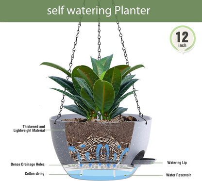 12 Inch Hanging Baskets 2 PC with Chains, Self-Watering Hanging Planters for Indoor Outdoor Plants