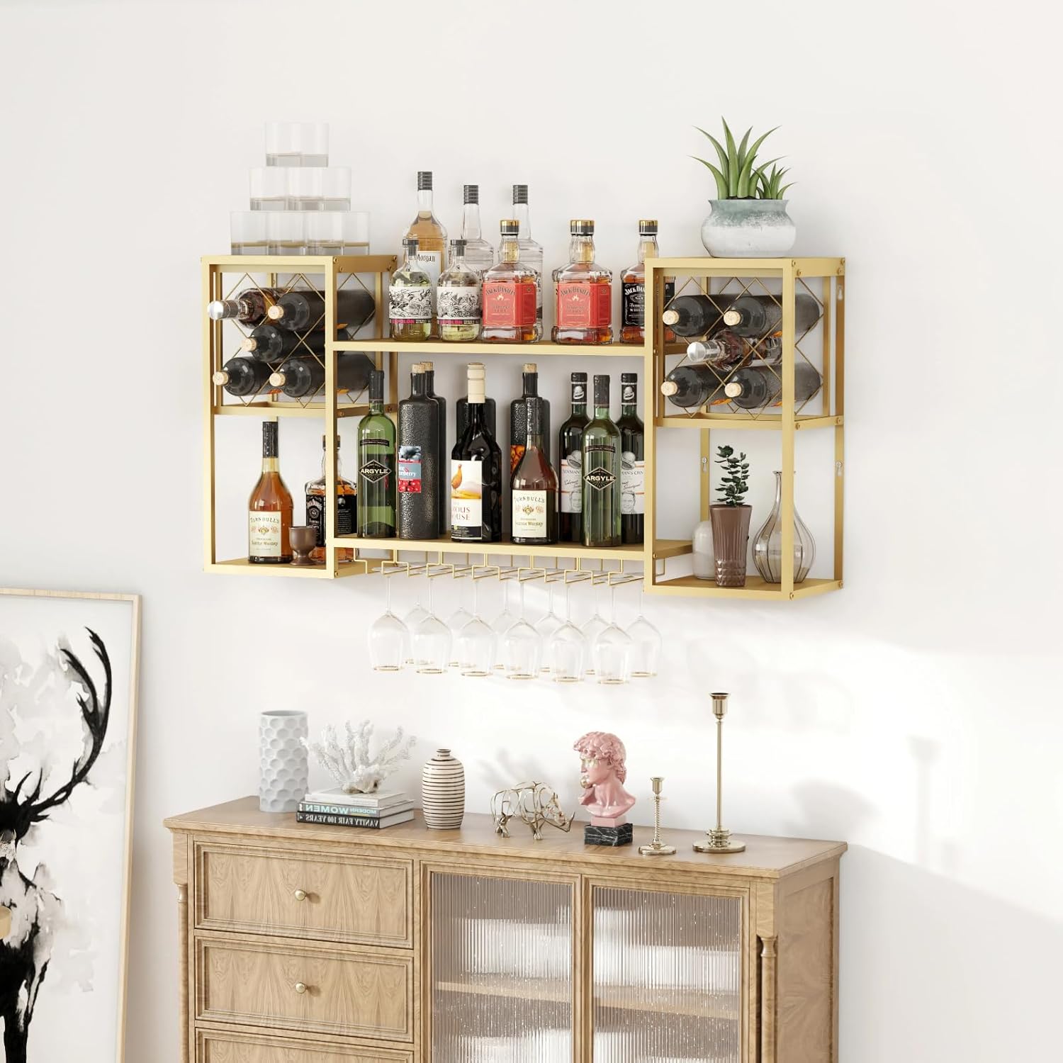 Wall Mounted Wine Rack with Glass Holder,Metal Floating Bar Liquor Shelves 2 Tier,Wine Glass Rack