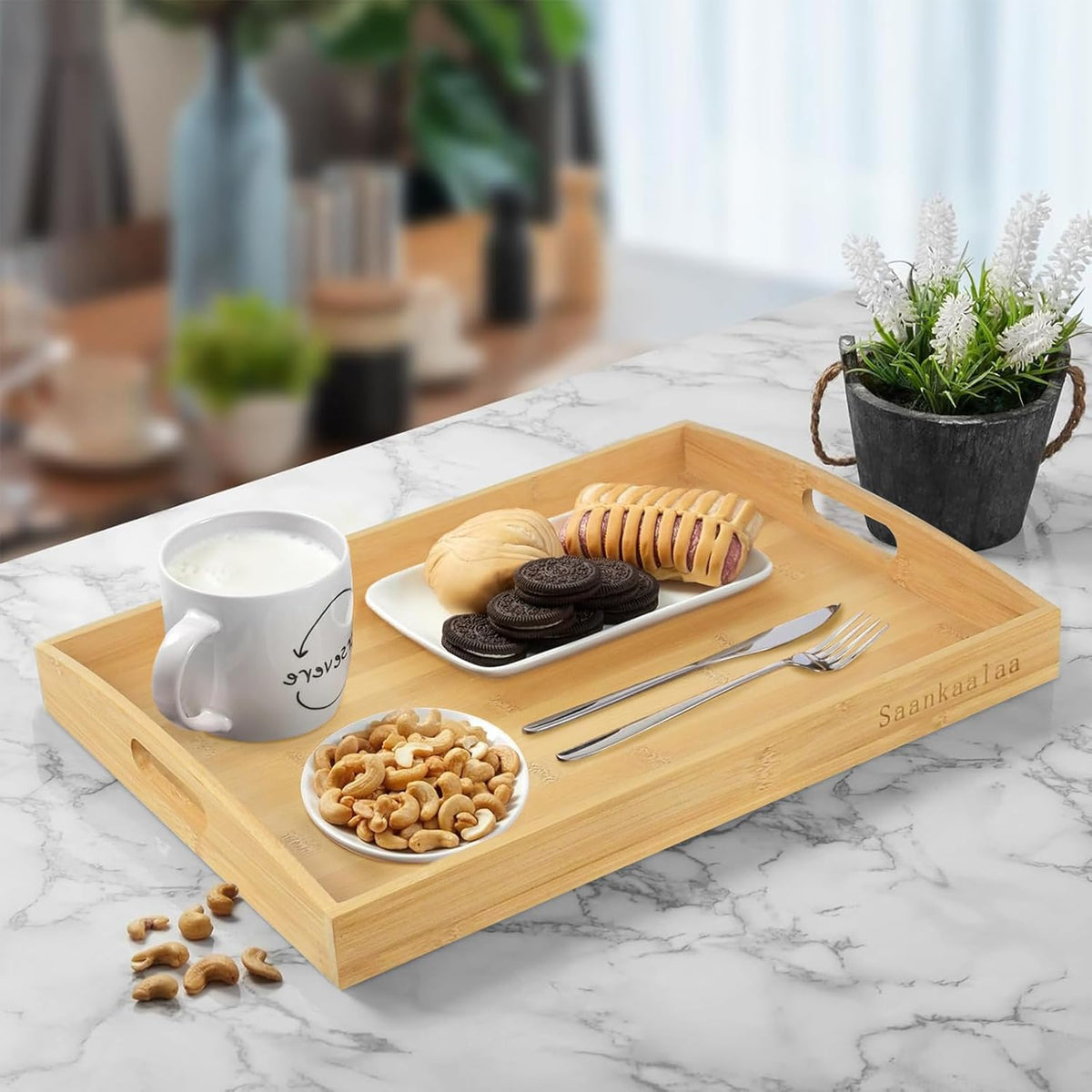 Bamboo Serving Tray Set of 2 Elegant for Coffee, Eating or Decor - Large and Small Rectangle