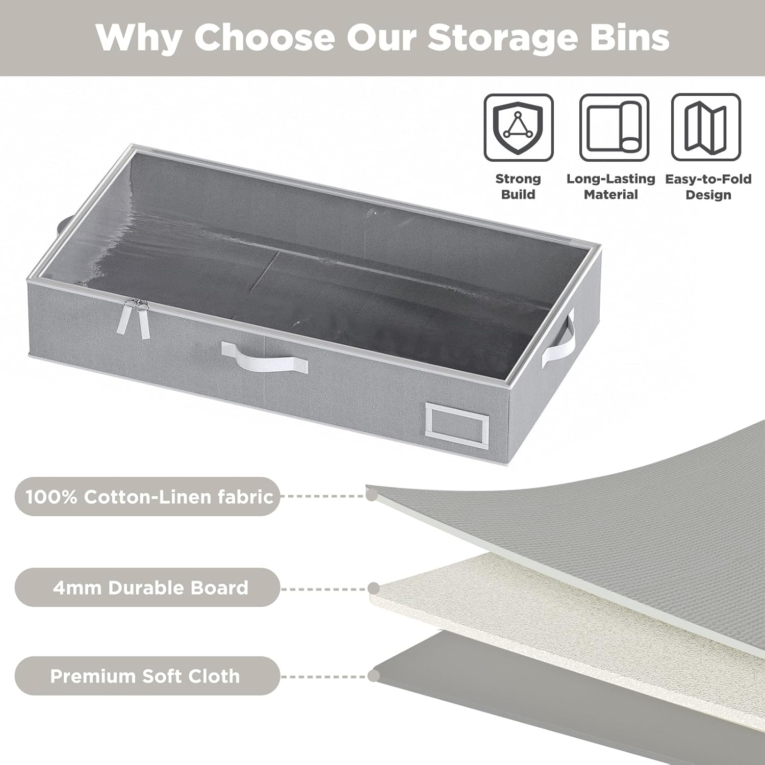 Under Bed Storage Containers, 2-Pack Underbed Storage Box, Collapsible Clothes Storage Bins with