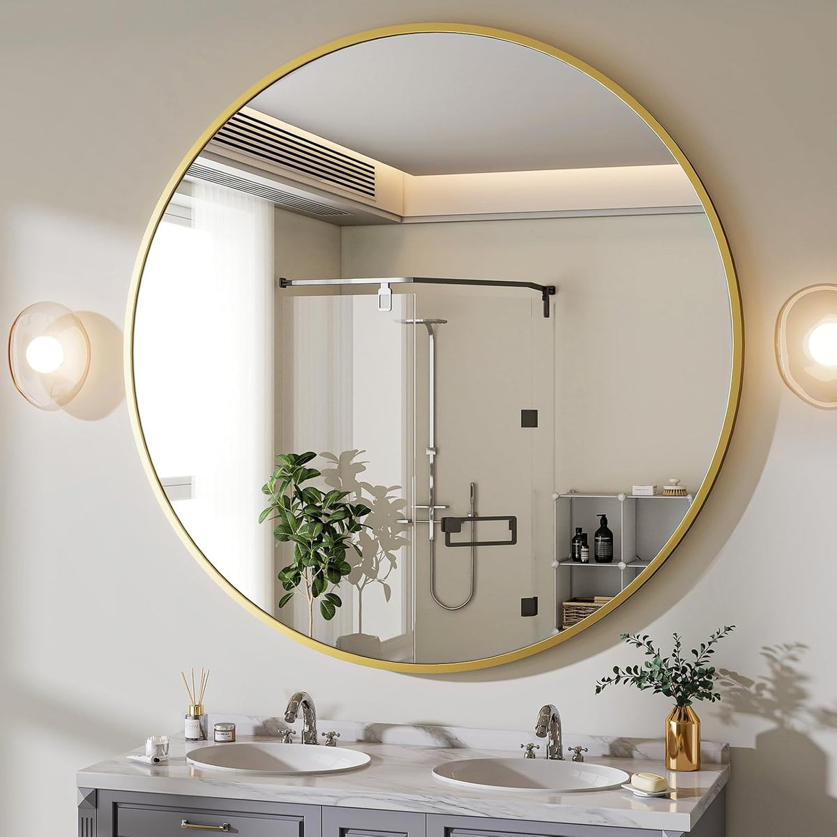 BEAUTYPEAK 48 Inch Round Mirror, Metal Frame Circle Mirror, Wall Mounted for Entryway, Bathroom