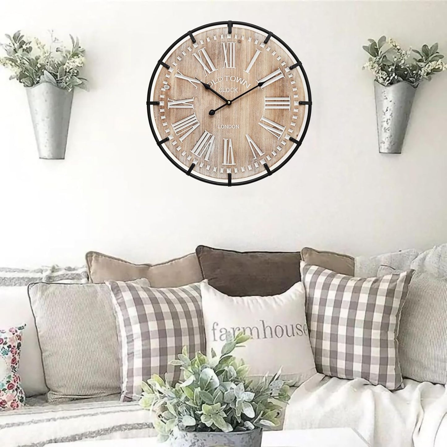 20 Inch Large Farmhouse Wall Clock, Rustic Antique Wood with Metal Circle and Large Engraved