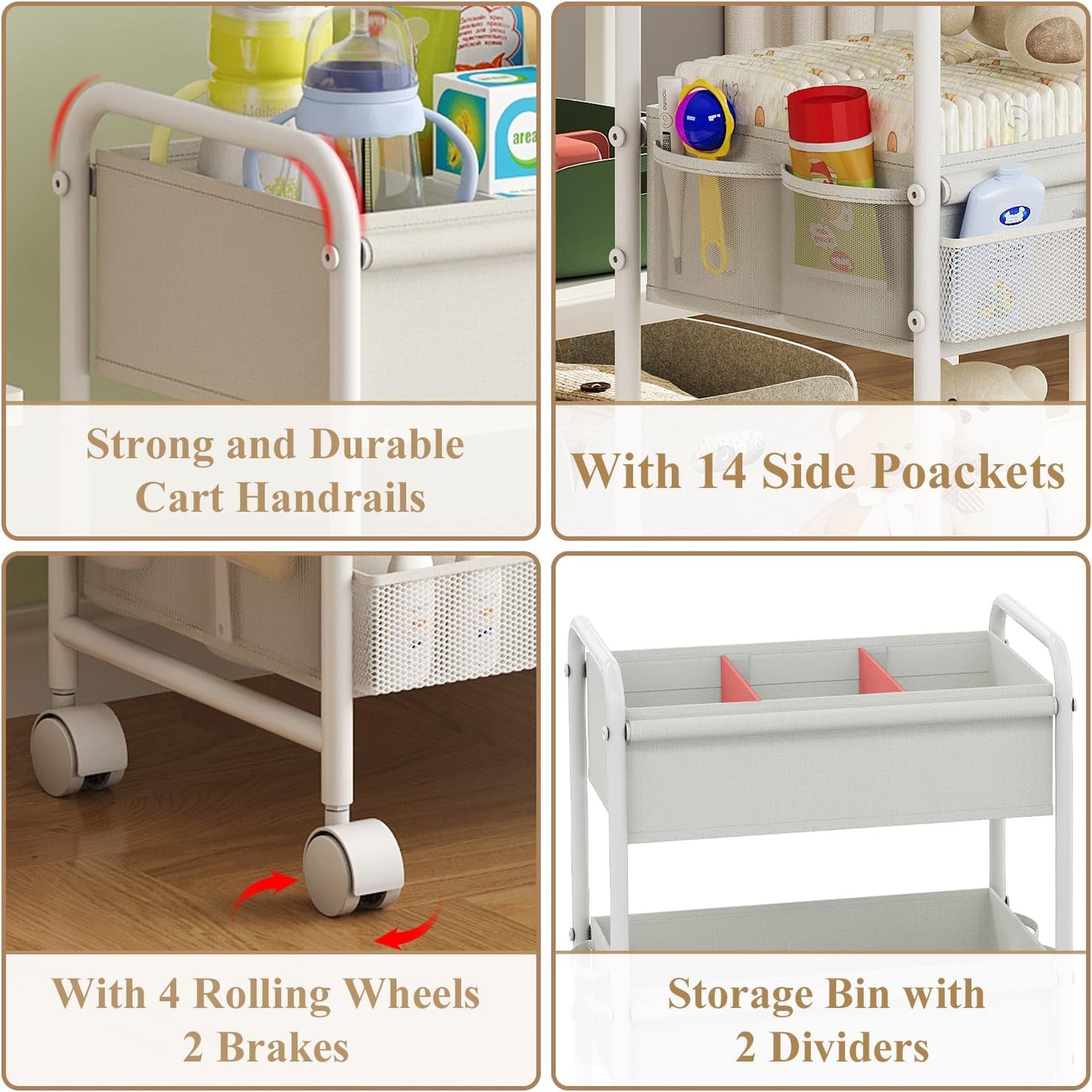 3-Tier Baby Diaper Caddy Cart Organizer,Mobile Nursery Organization with Wheels,with 2 Dividers &