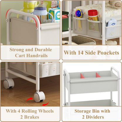 3-Tier Baby Diaper Caddy Cart Organizer,Mobile Nursery Organization with Wheels,with 2 Dividers &