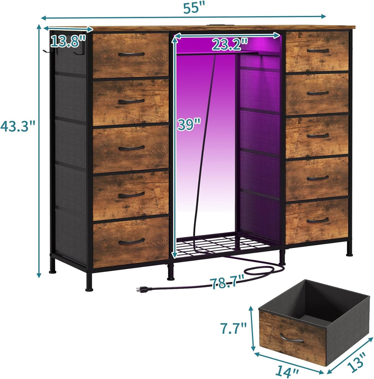 LUMTOK 55W 2-in-1 Dresser with Hanging Rack, 10 Drawers Dresser for Bedroom,Dressers with Fabric